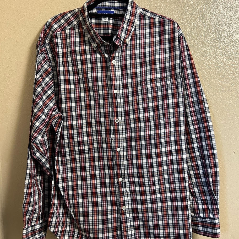 Simply styled Men's Plaid Shirt Red Black White long sleeve button down size XL